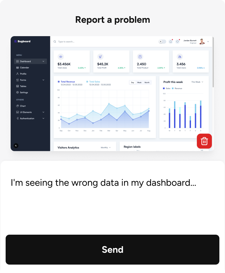 A popup dialog with a screenshot of a bug.